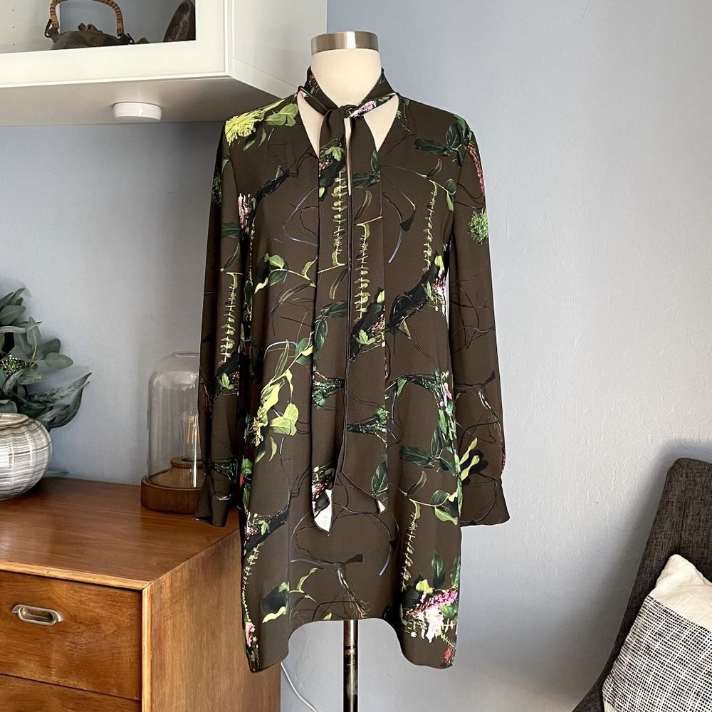 Babaton Reuben Dark Olive Green Floral Neck Tie Dress